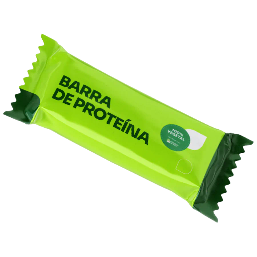 Barra de proteína 100% vegetal Produtor do Bem com embalagem verde neon