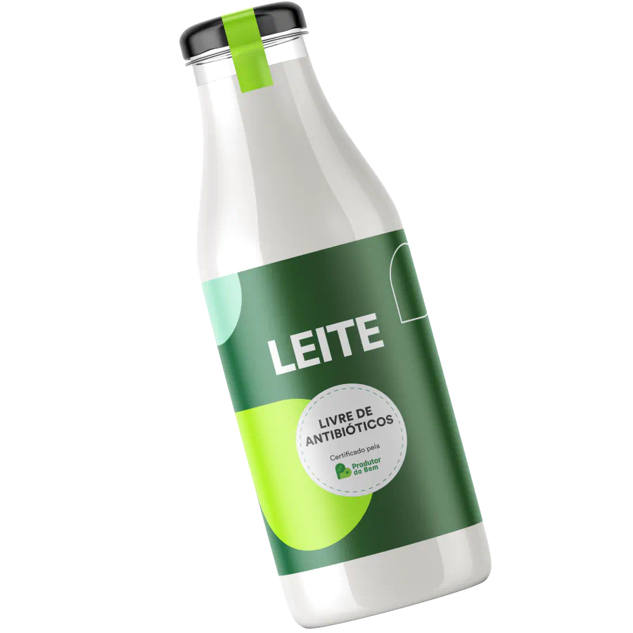Garrafa de leite certificado Produtor do Bem livre de antibióticos