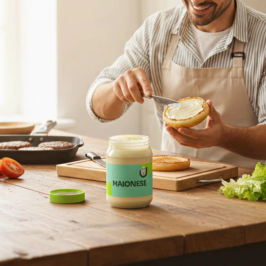 Homem preparando pão com maionese Produtor do Bem, rodeado por ingredientes frescos em bancada de madeira
