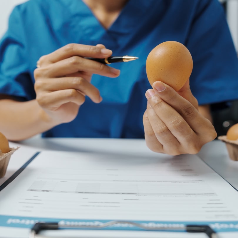 Inspetor de qualidade examinando ovo durante auditoria de produção.